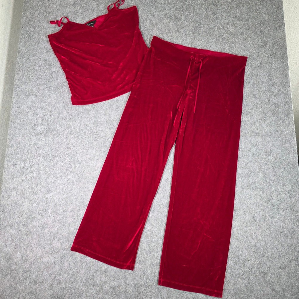 Pajamagram Velour Pajamas Lounge Set Red Camisole Tank Top Wide Leg Pants Medium